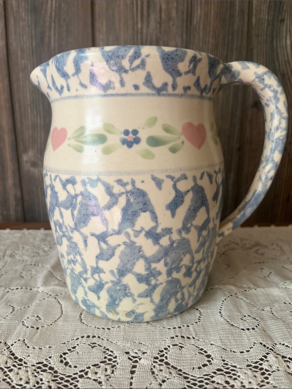 Blue and Cream Vintage East Texas Marshall Pottery Spongeware Pitcher - Home Art